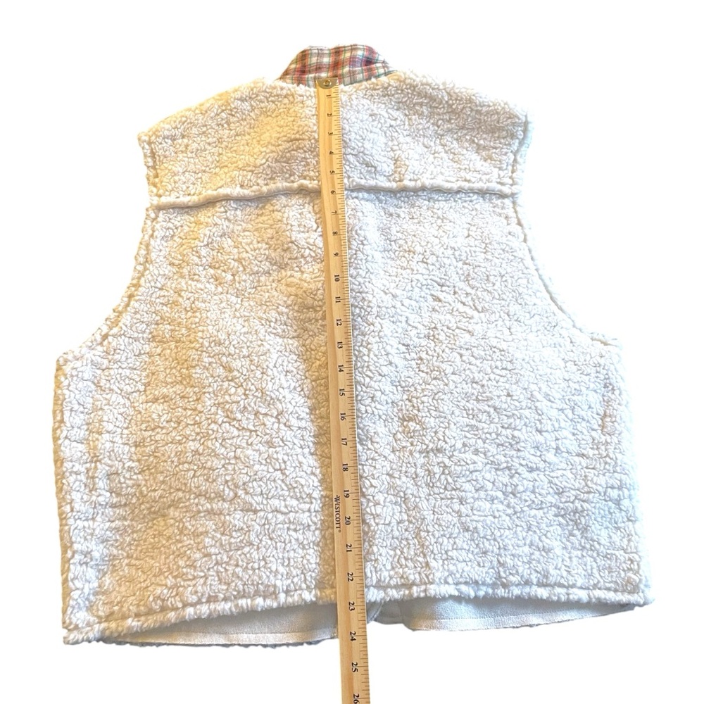 NWT Cozy Cream Sherpa Vest by Cider Snap Front Tartan Plaid Trim Cottage Nordic - Picture 12 of 15
